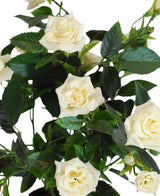 Diverses plantes artificielles Patio Rose 35 cm crème Roses artificielles résistantes aux UV en blanc avec des feuilles vertes, présentées sur un fond blanc.