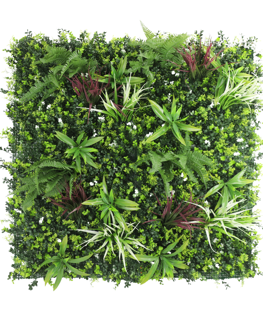 La Haie Artificielle Rona 100x100 cm UV est un panneau carré avec un mélange luxuriant de feuillages verts, de fougères et de petites plantes feuillues aux accents blancs et bordeaux, le tout sur un fond blanc frais.