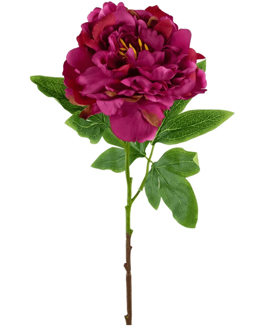 La fleur artificielle pivoine 61 cm rose est une fleur artificielle simple en forme de pivoine rose foncé avec des pétales superposés et des feuilles vertes sur une tige marron, représentée sur un fond blanc.