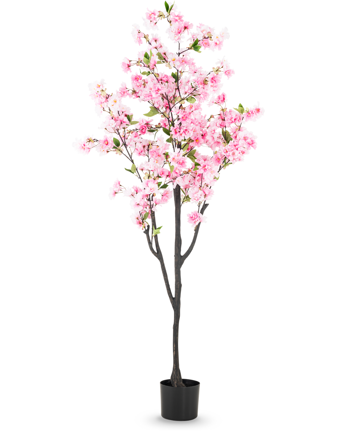 La Fleur de Cerisier Artificielle 180 cm rose présente des fleurs roses et des feuilles vertes dans un petit pot noir, sur un fond blanc uni.