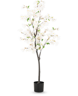La fleur de cerisier artificielle 150 cm blanc est un grand cerisier artificiel avec de délicates fleurs blanches et de petites feuilles vertes dans un simple pot noir, représenté sur un fond clair uni.