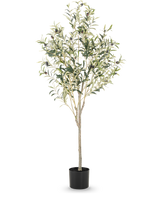 L'Olivier Artificiel 150 cm a des branches fines et des feuilles vertes avec de petites olives noires dans un simple pot noir, idéal pour ajouter une atmosphère méditerranéenne à n'importe quelle pièce.