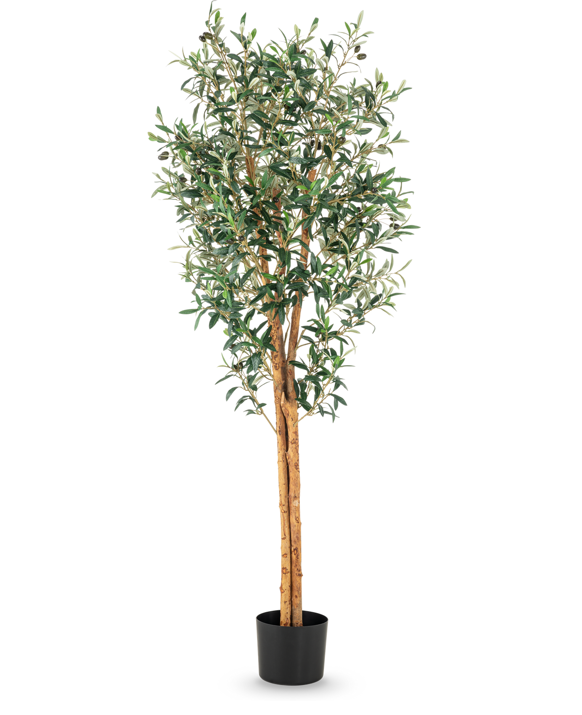 L'Olivier artificiel UV 160 cm est un grand olivier artificiel avec des branches fines, des feuilles vertes et un tronc à la structure réaliste dans un simple pot noir sur fond blanc.