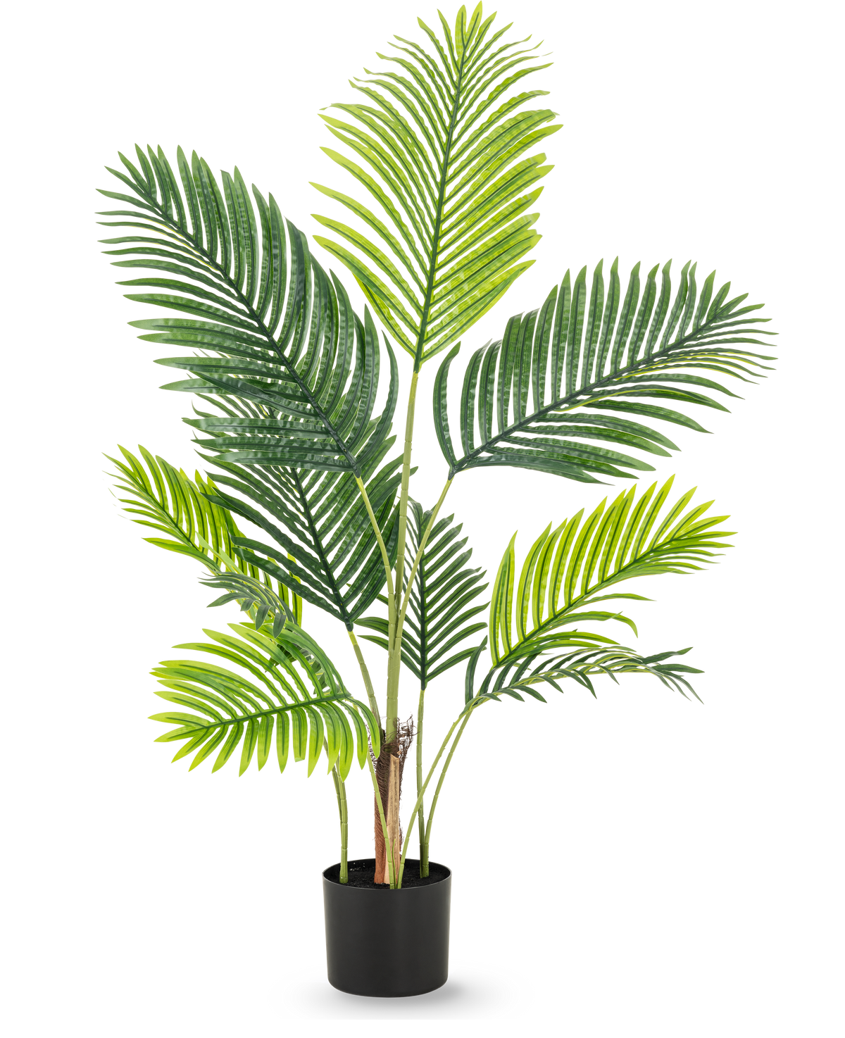 La plante artificielle Phoenix 120 cm possède plusieurs longues tiges avec de grandes feuilles vertes et légères comme une plume, qui ont l'aspect luxuriant d'une plante tropicale sur un fond blanc uni.