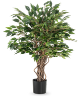 La plante artificielle Ficus Liana 90 cm a des troncs bruns torsadés et des feuilles vertes denses dans un pot noir, idéale comme plante de bureau ou pour toute collection de ficus, représentée sur un fond blanc.