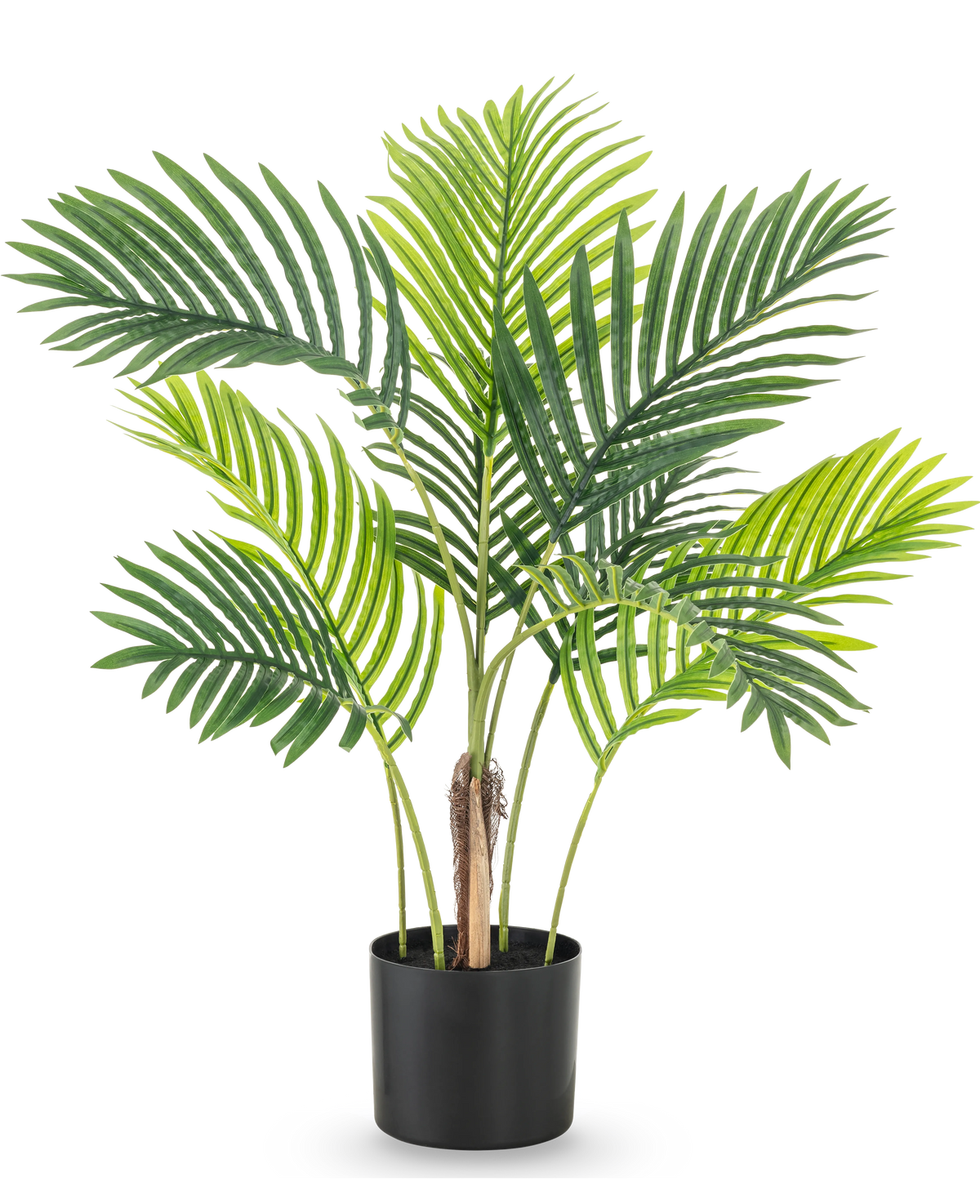 La plante artificielle Phoenix 85 cm possède plusieurs grandes feuilles de palmier vertes et est présentée dans un simple pot noir, parfait sur un fond blanc.