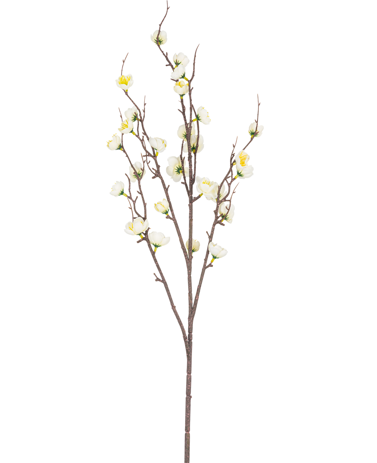 La Fleur de Cerisier Japonais Artificielle 94 cm blanche possède une seule branche marron avec de multiples pousses fines et de petites fleurs de cerisier artificielles blanches, sur un fond blanc uni.
