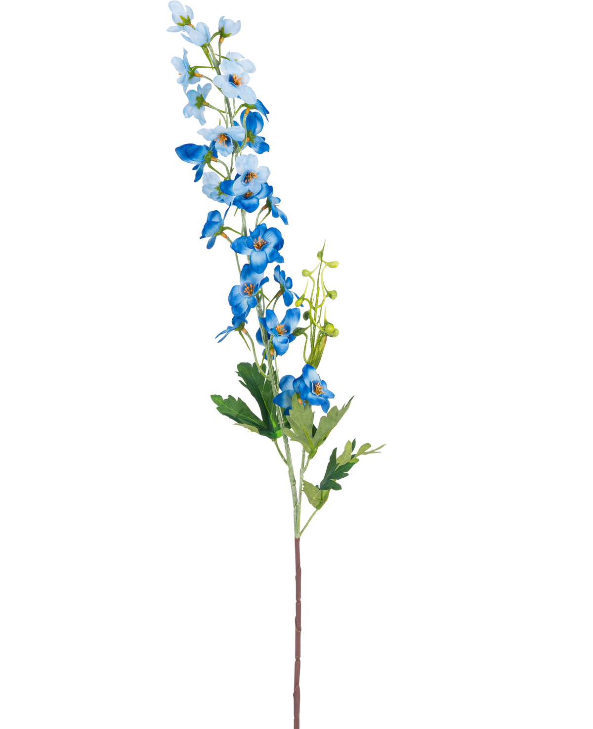 La Fleur Artificielle Delphinium 79 cm bleue a une seule longue tige avec des fleurs bleues en grappes et des feuilles vertes sur fond blanc. Les fleurs vont du bleu clair au bleu foncé le long du sommet de la tige.