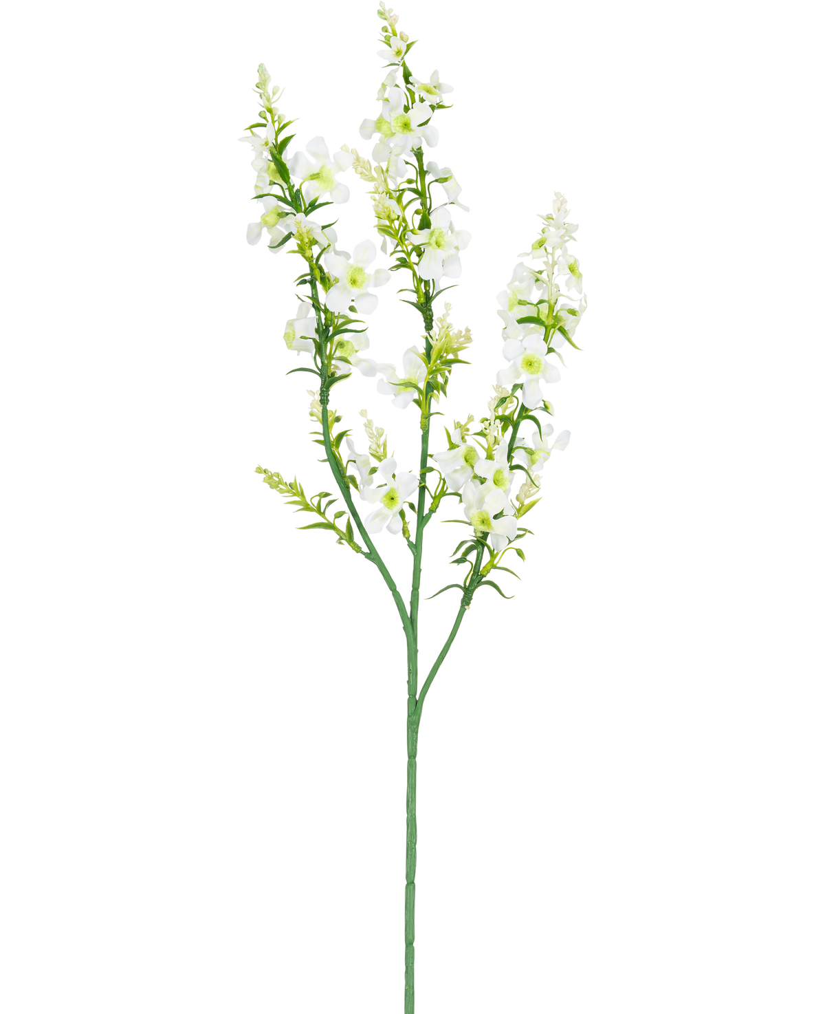 La Fleur Artificielle Cataire 75 cm blanche possède une seule tige verte avec de multiples branches de petites fleurs blanches et des bourgeons jaune-vert, isolés sur un fond blanc.