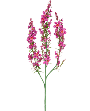 Une herbe à chat artificielle de 75 cm rose clair a une seule tige verte avec trois branches, chacune avec des grappes de petites fleurs rose clair et des feuilles vertes, sur un fond blanc uni.