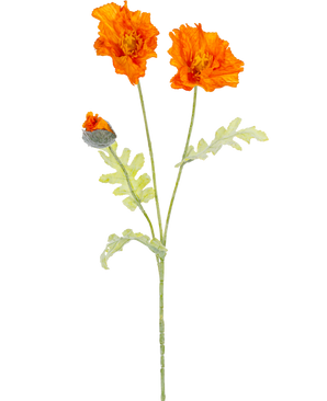 Une illustration botanique de la fleur artificielle de coquelicot 73 cm orange montre deux fleurs orange ouvertes et un bourgeon fermé sur de longues tiges vertes avec des feuilles vert clair profondément lobées.