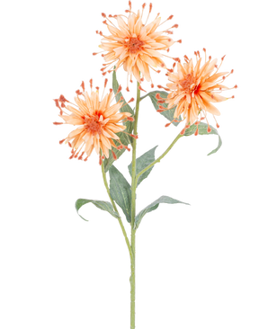 Une fleur artificielle Scabiosa Japonica à tige de pêche de 70 cm avec trois fleurs artificielles orange, des pétales épineux et des feuilles vertes, photographiées sur un fond blanc.