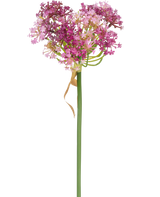 La fleur artificielle Allium 60 cm violet a une haute tige verte avec une grappe en forme de cœur de petites fleurs roses et violettes, accentuée par une fine feuille brun clair séchée qui repose librement autour de la tige, sur un fond blanc.