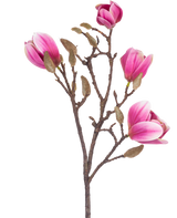 La Fleur Artificielle Magnolia 50 cm rose est une branche de magnolia artificielle marron avec diverses fleurs roses et blanches et des bourgeons duveteux, représentés sur un fond blanc.