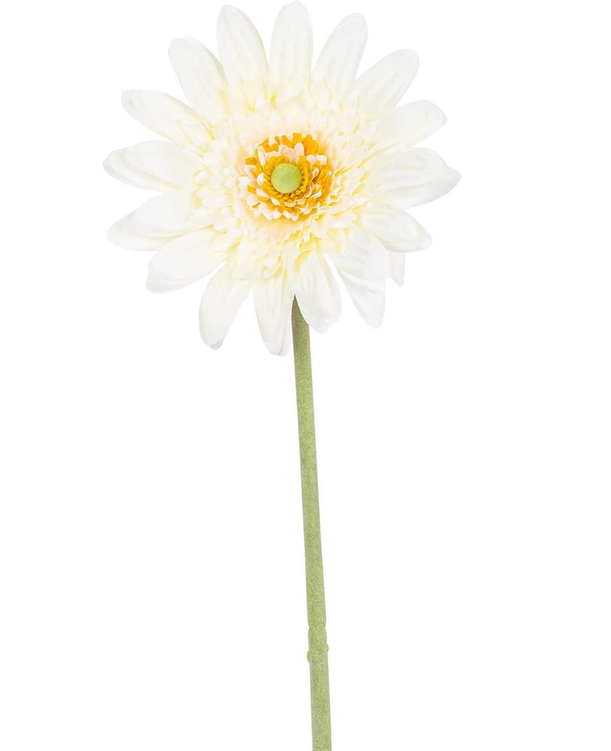 La fleur artificielle Gerbera 53 cm blanc a une seule fleur blanche ressemblant à une marguerite avec des pétales superposés, un cœur jaune-vert et une longue tige verte sur un fond blanc.