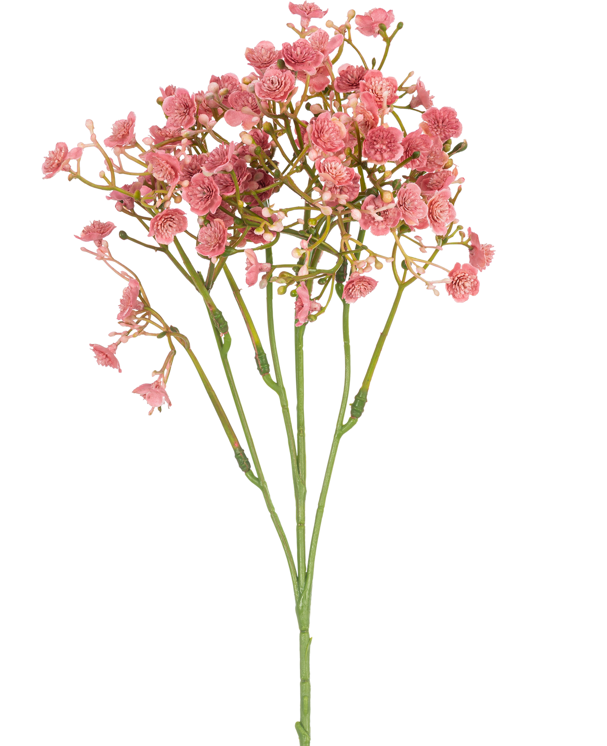 La Branche de Gypsophile Artificielle 48 cm rose vintage possède une seule tige verte avec de multiples branches fines, chacune décorée de bouquets de petites fleurs roses rondes, le tout sur un fond blanc uni.