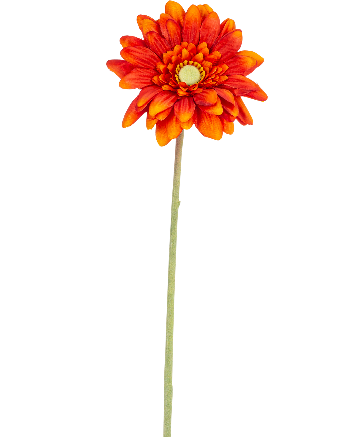 La Fleur Artificielle Gerbera mini 47 cm orange tendre est une marguerite artificielle aux pétales superposés, au cœur jaune et à la longue tige verte, isolée sur fond blanc.