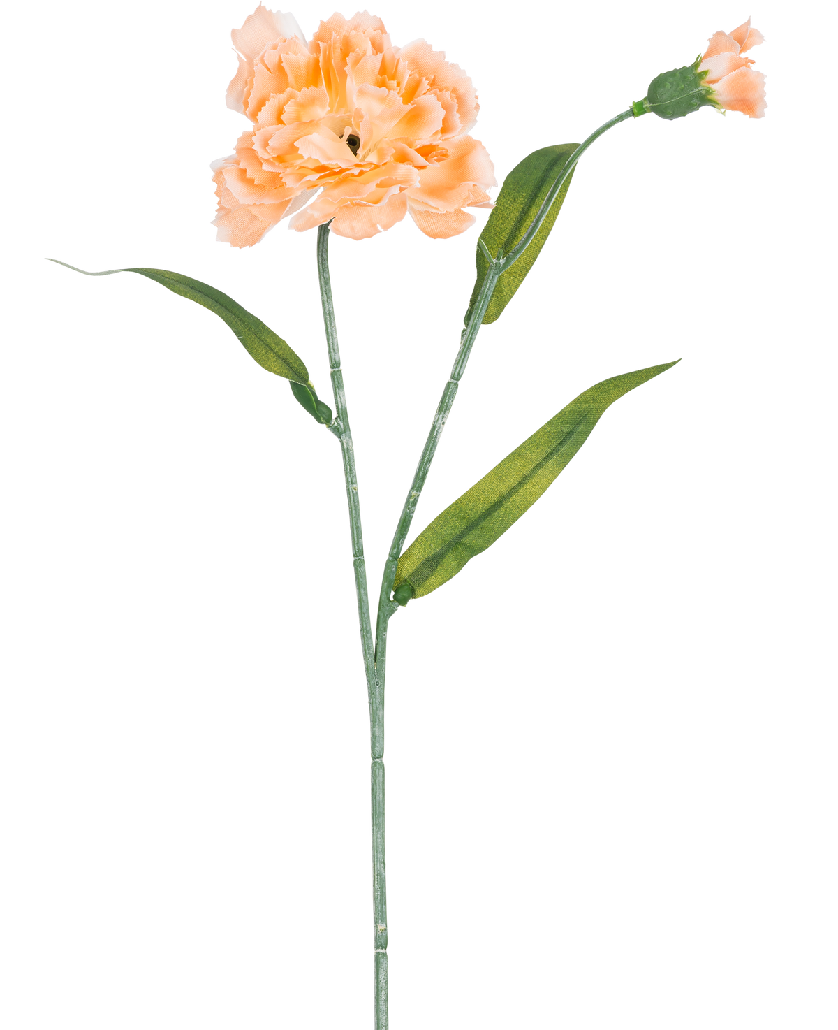 L'œillet artificiel pêche 40 cm est un œillet artificiel pêche clair avec des feuilles vertes et un petit bourgeon non ouvert, représenté sur fond blanc.
