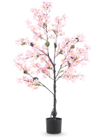 Le Bougainvillier Artificiel 120 cm rose est un arbre artificiel dans un pot avec des feuilles vertes et des fleurs rose vif, représenté sur un fond blanc uni.