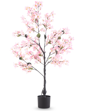 Le Bougainvillier Artificiel 120 cm rose est un arbre artificiel dans un pot avec des feuilles vertes et des fleurs rose vif, représenté sur un fond blanc uni.