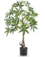 La Plante Artificielle Pachira 120 cm a un tronc tressé et des feuilles vertes luxuriantes dans un pot noir, sur un fond blanc uni.