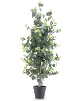 Plante artificielle Eucalyptus 91 cm avec des feuilles vertes rondes et de petits accents jaunes dans un pot noir, présentée sur un fond blanc uni.