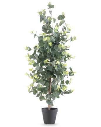 Plante artificielle Eucalyptus 91 cm avec des feuilles vertes rondes et de petits accents jaunes dans un pot noir, présentée sur un fond blanc uni.