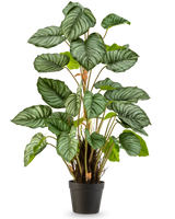 La Feuille de Pommier Artificielle 90 cm est une plante en pot avec de grandes feuilles vertes ovales accentuées par des rayures vert clair et blanches, sur un fond blanc uni.