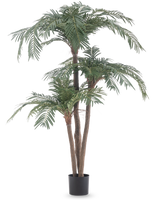 Le palmier artificiel Cycas Classic 165 cm possède plusieurs troncs bruns et des feuilles vertes luxuriantes dans un simple pot noir, sur un fond blanc - un palmier réaliste qui apporte une élégance naturelle à n'importe quelle pièce.