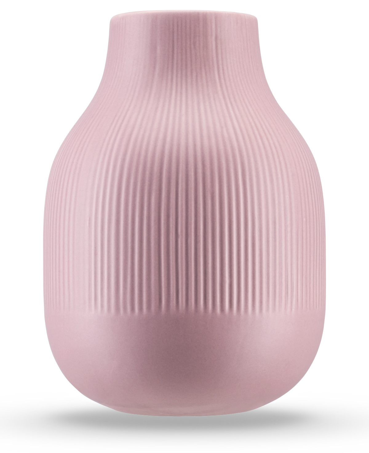 Le Vase Botan 22 cm vieux rose est un vase en céramique rose clair avec une base ronde, un col étroit et une texture nervurée verticale sur la moitié supérieure. La finition mate et lisse le rend idéal pour un mobilier moderne.