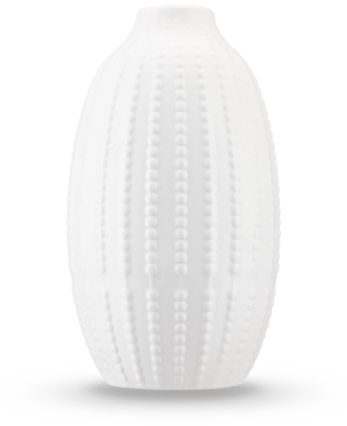 Le Vase Little Flora 21 cm en blanc cassé est un vase en céramique mate avec un motif en pointillés en relief inspiré des oursins - idéal pour les fleurs artificielles - sur un fond blanc uni.