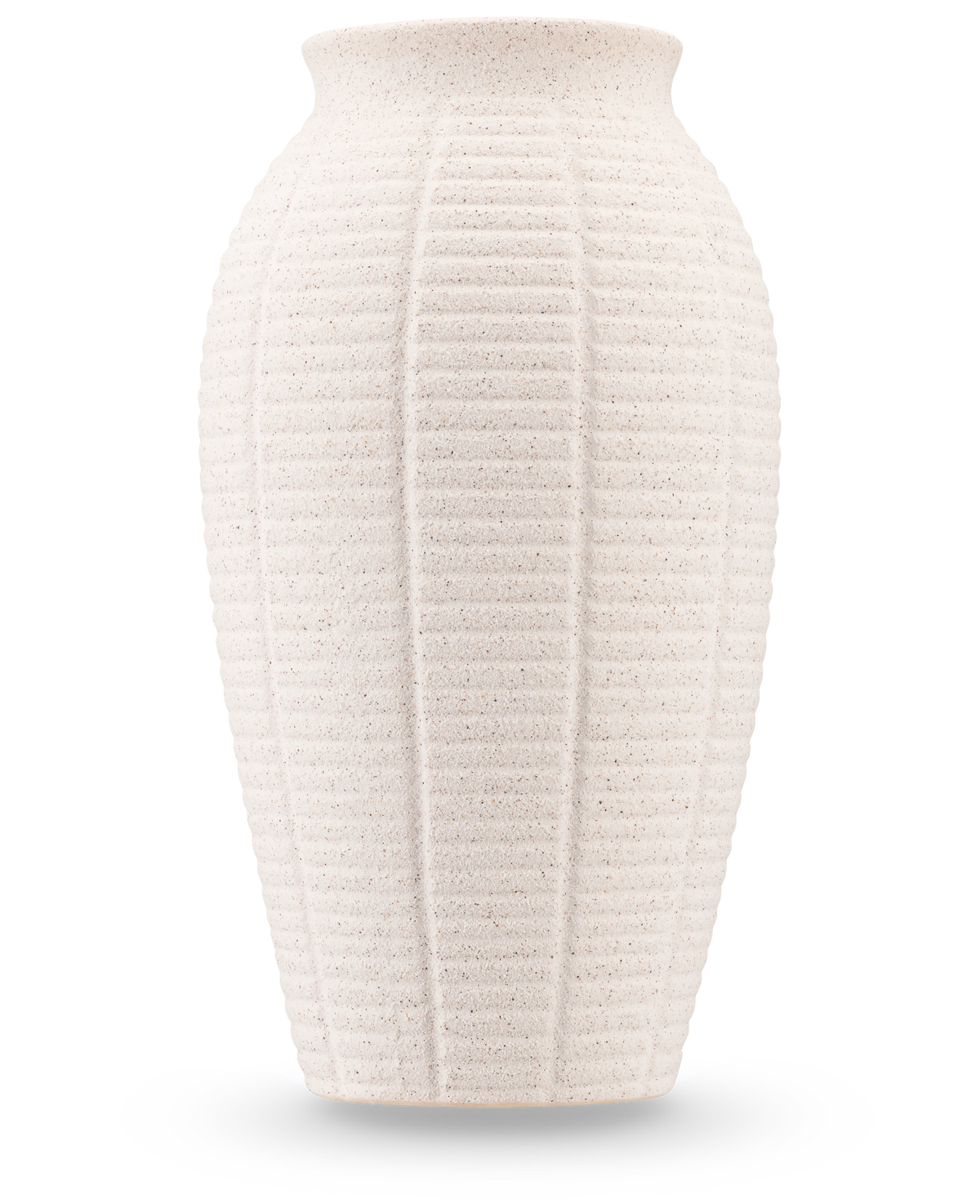 Le Vase Wild Petal 26 cm beige est un vase haut en céramique structurée aux nervures verticales et au bord légÚrement évasé, sur un fond uni blanc.