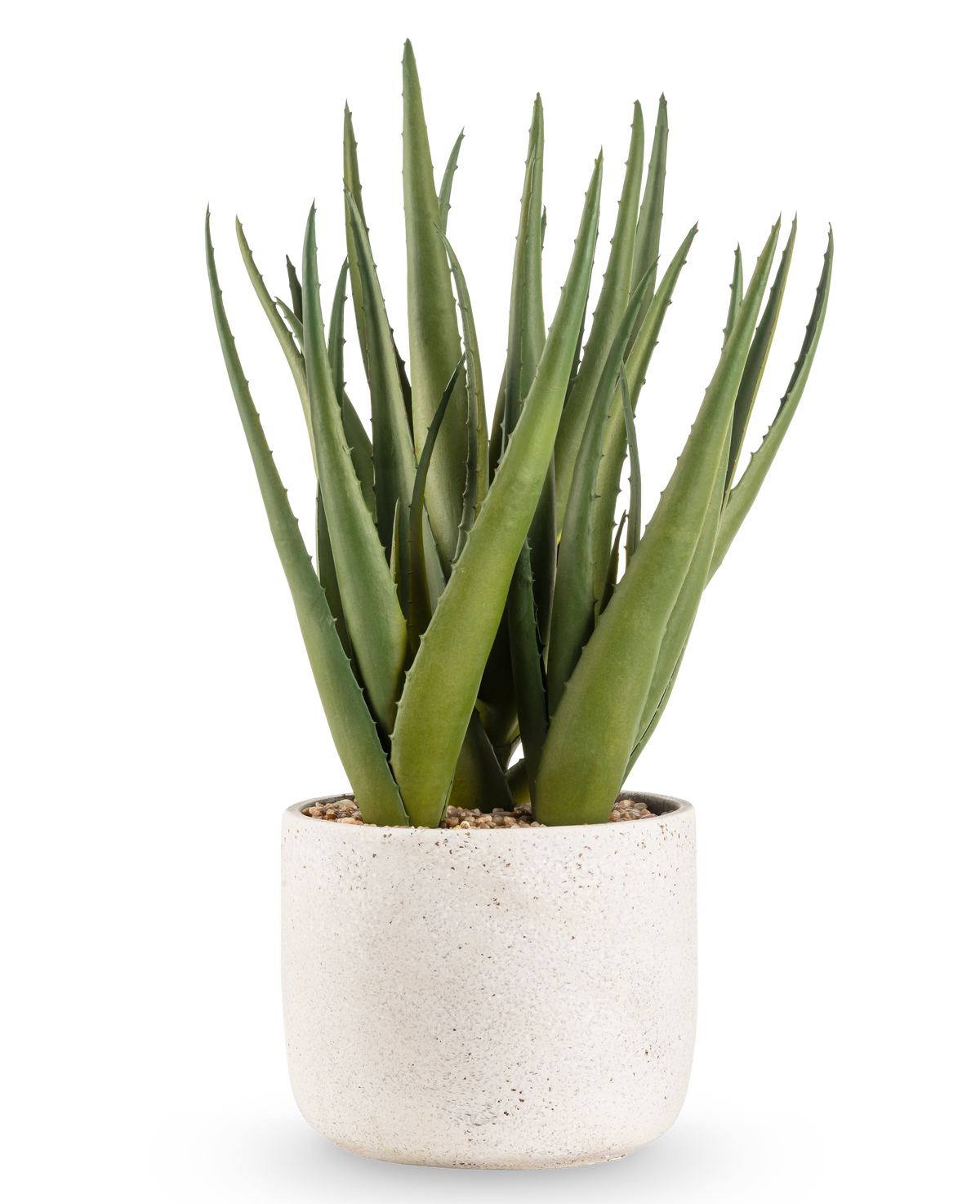 La plante artificielle Aloe Vera 43 cm présente de longues feuilles vertes pointues dans un petit pot rond avec une structure blanche et des galets, sur un fond uni blanc.