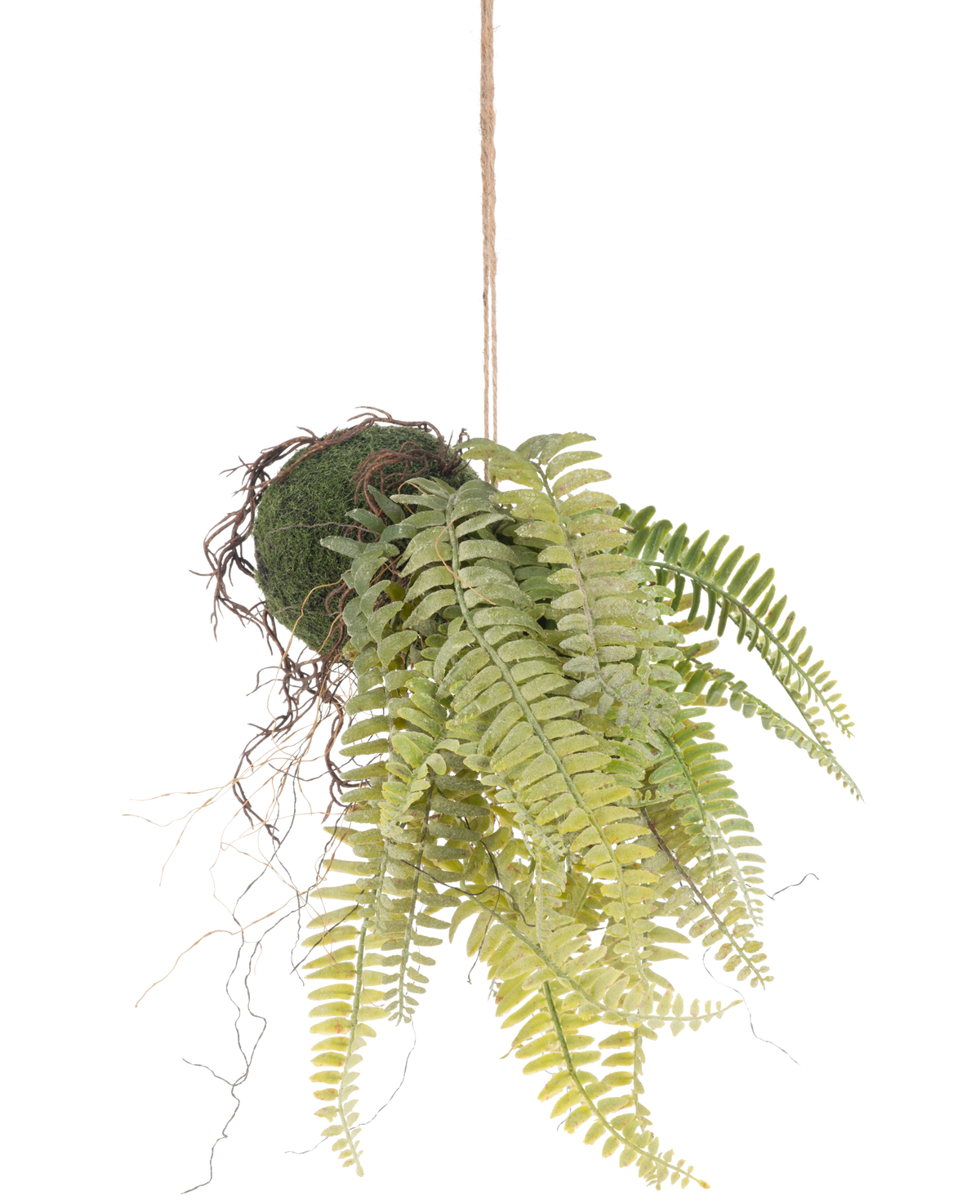 La plante artificielle suspendue Fougère givrée sur boule de 76 cm a des feuilles de fougère vertes réalistes et des racines exposées de style kokedama, suspendues à un cordon marron - parfaites pour ajouter de la verdure durable à n'importe quelle pièce.