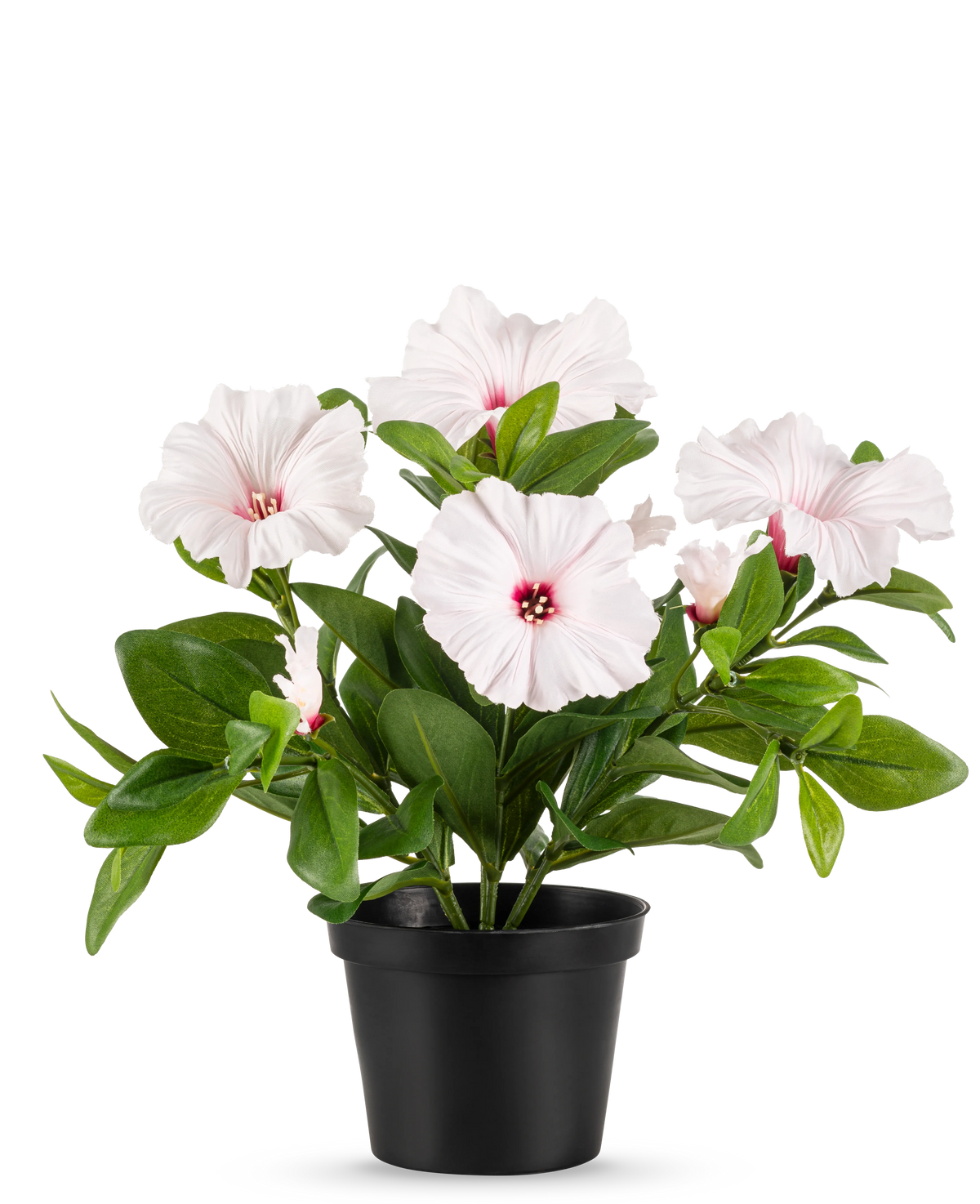 La plante Pétunia Fleur Artificielle 25 cm rose est placée dans un pot noir, avec plusieurs fleurs rose clair à cinq pétales au cœur rose foncé et aux étamines jaunes, sur un fond uni blanc.