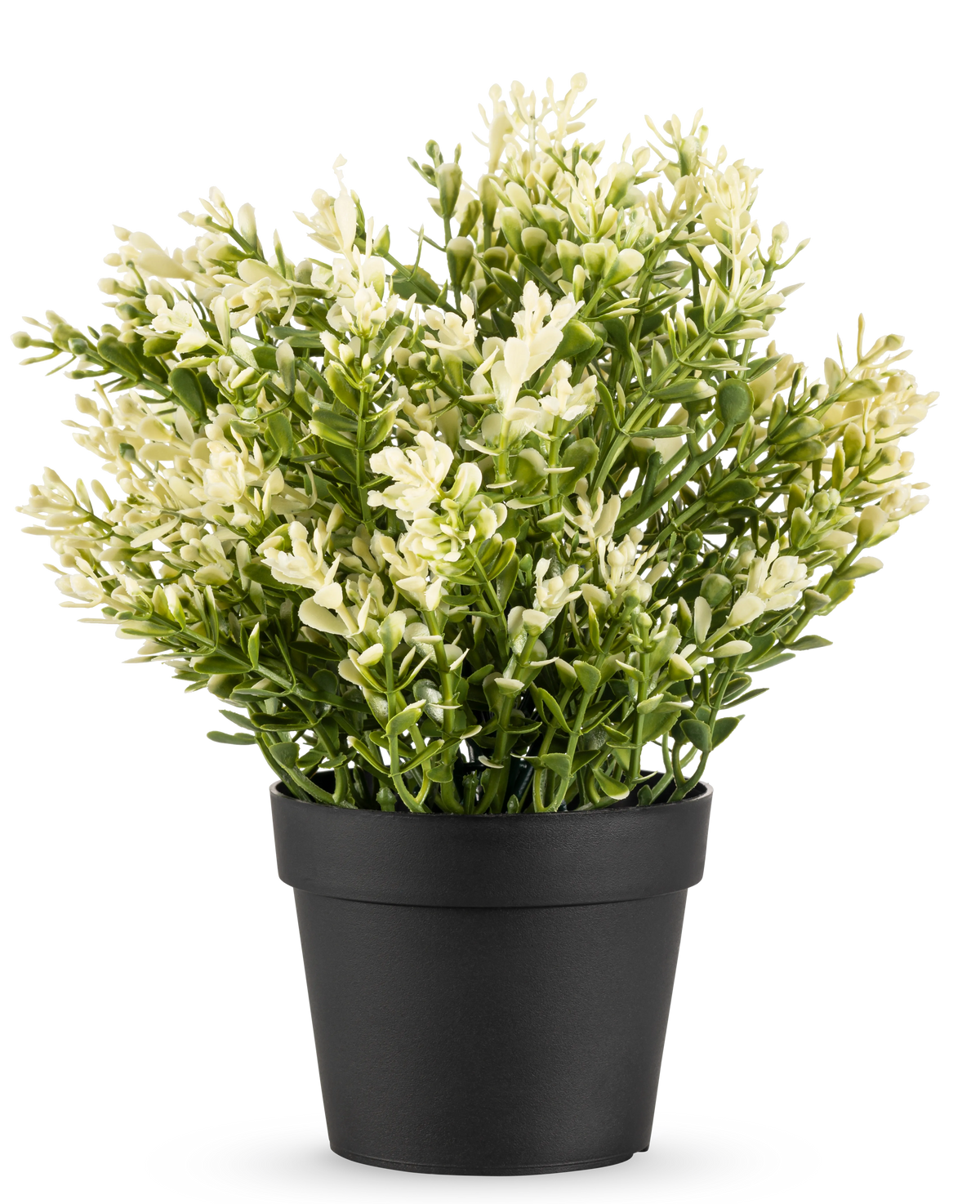 La Plante Artificielle Buis en pot UV 23 cm est une petite plante artificielle en pot aux feuilles vertes denses dans un simple pot noir, parfaite pour égayer n'importe quelle pièce.