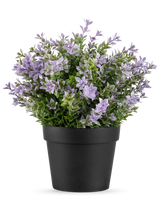 La Plante Artificielle Buxus violet UV 22 cm possède un pot de fleur noir avec une plante artificielle luxuriante avec de petites fleurs violet clair et des feuilles vertes sur un fond blanc uni.