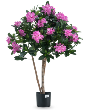 La plante artificielle Rhododendron 90 cm possède deux fines tiges brunes, des feuilles vertes et de nombreuses fleurs rose vif en pleine floraison sur un fond blanc uni.