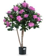 La plante artificielle Rhododendron 90 cm possède deux fines tiges brunes, des feuilles vertes et de nombreuses fleurs rose vif en pleine floraison sur un fond blanc uni.
