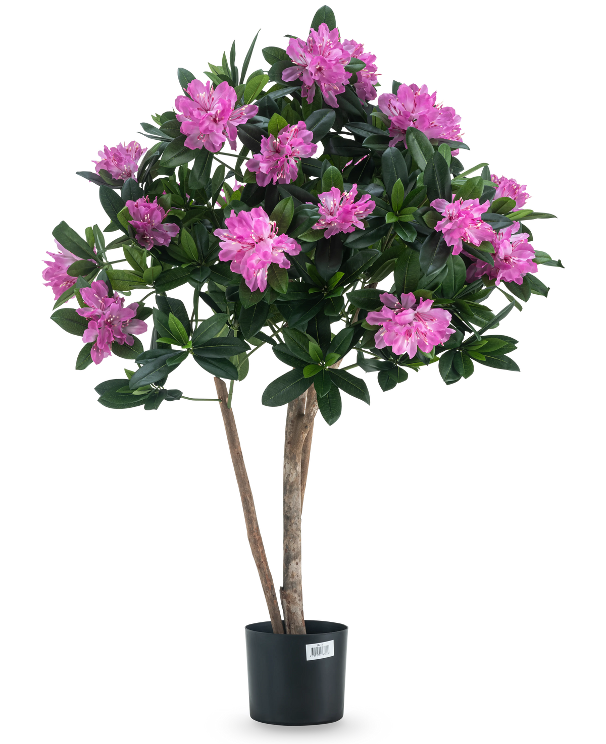 La plante artificielle Rhododendron 90 cm possède deux fines tiges brunes, des feuilles vertes et de nombreuses fleurs rose vif en pleine floraison sur un fond blanc uni.
