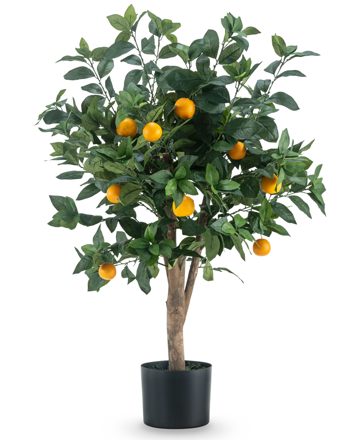L'Oranger Artificiel RT 90 cm a des feuilles d'un vert éclatant et plusieurs oranges mûres sur les branches, sur un fond blanc uni.