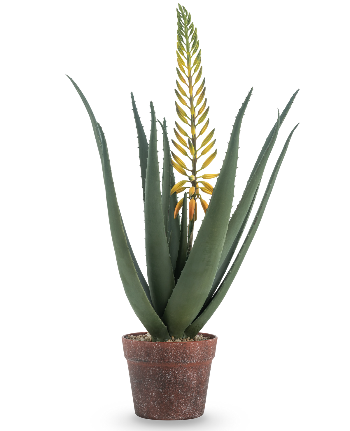 La plante d'Aloé Artificielle avec fleur 66 cm est un aloe vera artificiel en pot avec de longues feuilles vertes épaisses et une longue branche de fleur jaune, isolée sur fond blanc.