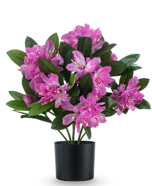 La plante artificielle Rhododendron 42 cm présente une plante artificielle avec des fleurs roses éclatantes et des feuilles vertes luxuriantes dans un pot noir, sur un fond blanc uni.