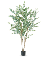 La plante artificielle Eucalyptus 240 cm est une grande plante artificielle avec de multiples tiges ligneuses fines et des feuilles vertes rondes, présentées dans un simple pot noir sur un fond blanc uni.