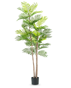 La fougère artificielle 150 cm est une grande plante artificielle avec de fines tiges brunes et des feuilles vertes ressemblant à des fougères, dans un petit pot noir sur un fond blanc uni.