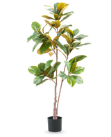 L'arbre Yulania artificiel de 150 cm est une grande plante artificielle réaliste avec de larges feuilles vertes et jaunes dans un pot noir, sur un fond blanc uni.