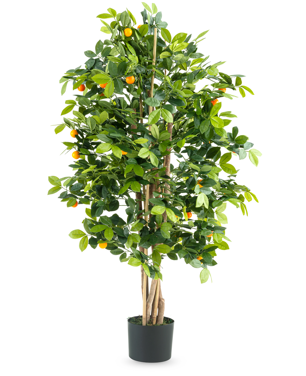 L'Oranger Artificiel 120 cm deluxe est un grand oranger artificiel avec des feuilles vertes et des petits fruits orange dans un pot noir, sur un fond blanc uni.