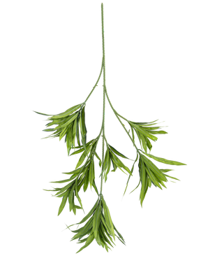 La Plante Artificielle Dracaena Reflexa spray 86 cm FR est une simple tige artificielle verte avec plusieurs feuilles longues et étroites qui se ramifient, sur un fond uni blanc.
