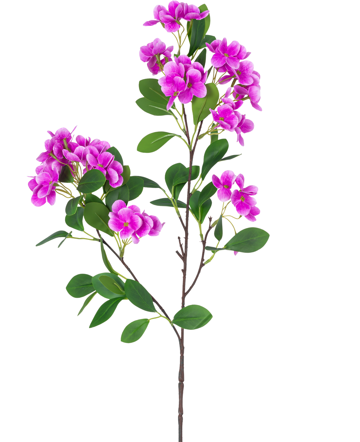 La fleur artificielle boule de neige Real Touch Violet 80 cm présente une seule tige avec plusieurs grappes de fleurs violettes vibrantes et de feuilles vertes luxuriantes, joliment présentées sur un fond blanc.