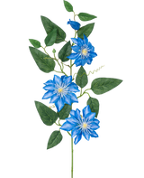 La Fleur Artificielle Clématite grande 81 cm bleue a une tige avec plusieurs feuilles vertes et quatre fleurs de clématite bleu vif, chacune avec un cœur blanc et des pétales pointus, sur un fond blanc.